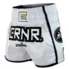 Combat Corner White/Black CRNR Muay Thai Shorts -Boxing Martial Arts Shop CRNR MUAY THAI SHORTS WHITE BLACK ANGLE