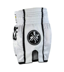 Combat Corner White/Black CRNR Muay Thai Shorts -Boxing Martial Arts Shop CRNR MUAY THAI SHORTS WHITE BLACK SIDE 1 600x675 1