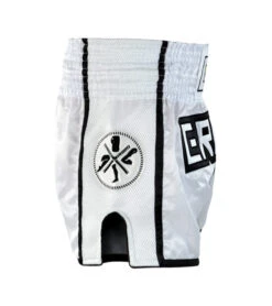Combat Corner White/Black CRNR Muay Thai Shorts -Boxing Martial Arts Shop CRNR MUAY THAI SHORTS WHITE BLACK SIDE 2 600x675 1